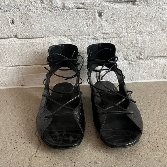 Saint Laurent Croc Embossed Lace Up Flat Sandal in Black - Picture 6 of 9